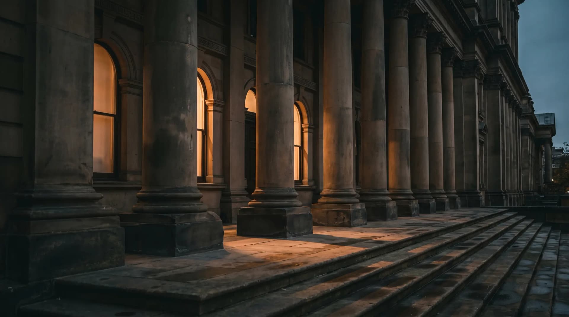 Sandstone civic colonnade at dusk with warm light between the columns