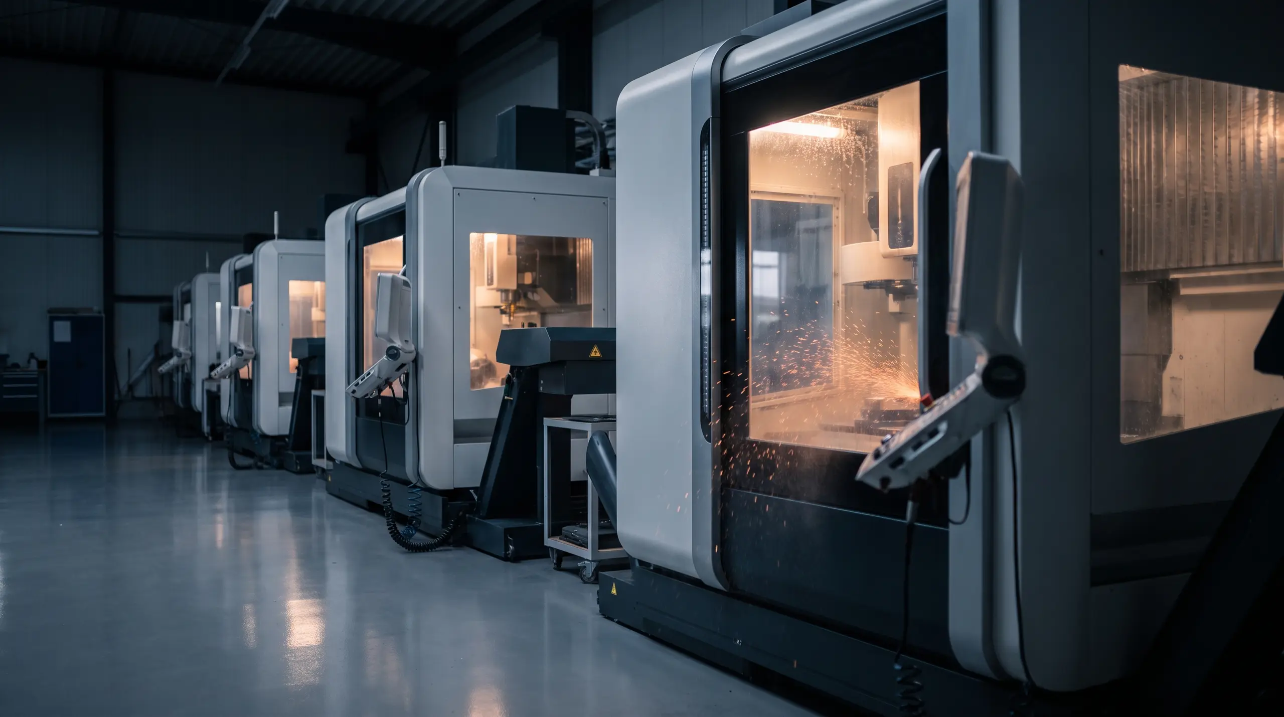 Modern precision manufacturing floor with CNC machines running