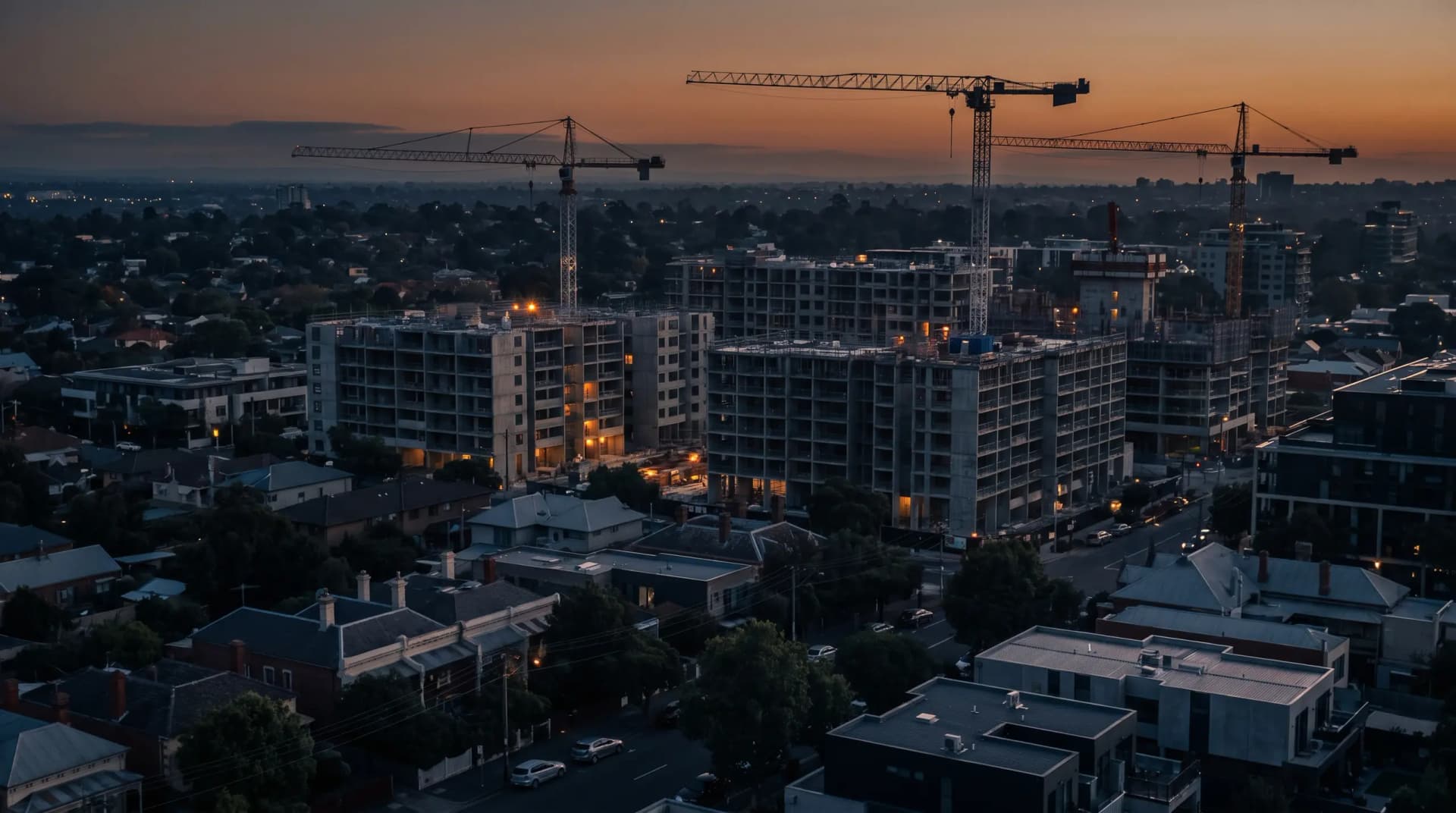 Residential development precinct at dusk with tower cranes