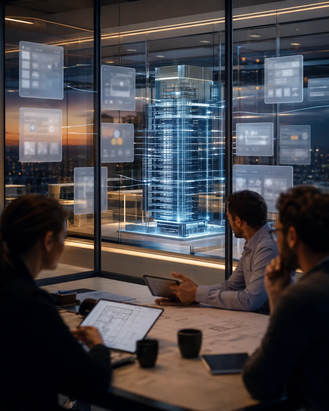 Team meeting in a glass-walled office with screens on the walls